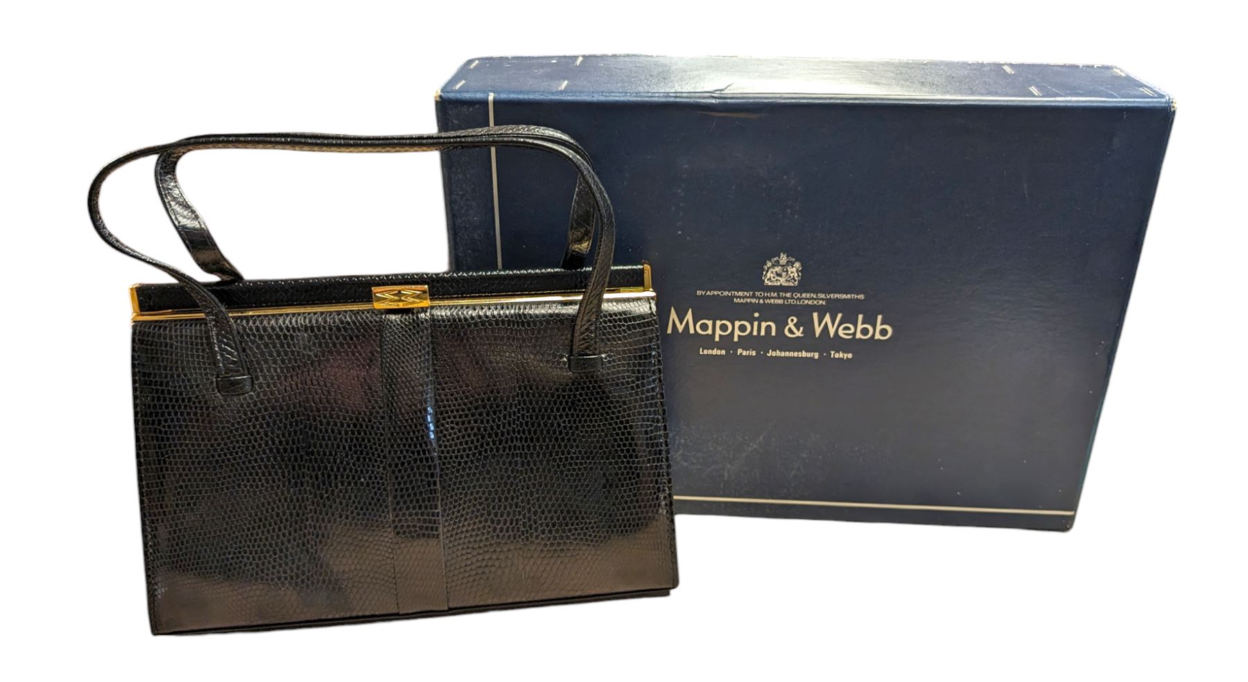 Vintage Mappin & Webb black lizard skin handbag and matching wallet