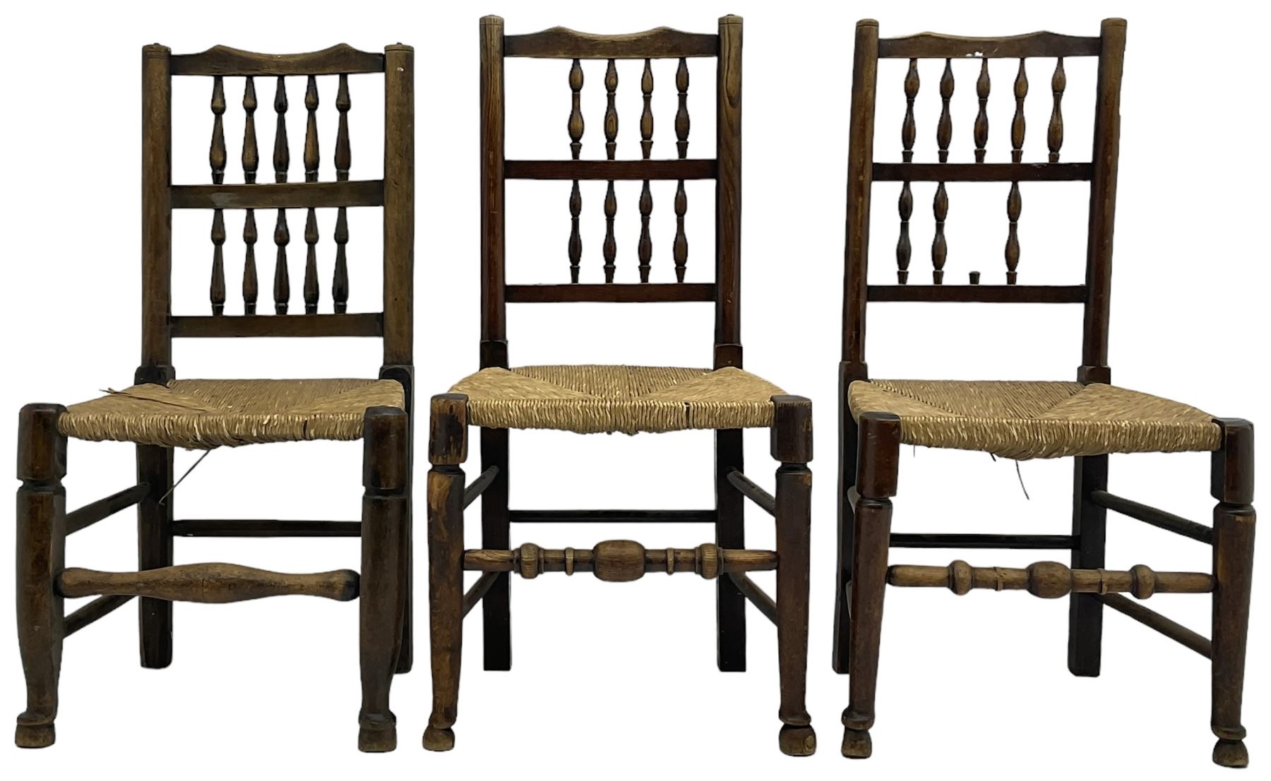 Collection of chairs - five 19th century elm spindle back chairs with rush seats; two chapel chairs - Image 3 of 10