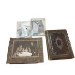 19th Century Victorian leather bound embossed photograph album having hand painted pages of birds an