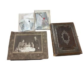 19th Century Victorian leather bound embossed photograph album having hand painted pages of birds an