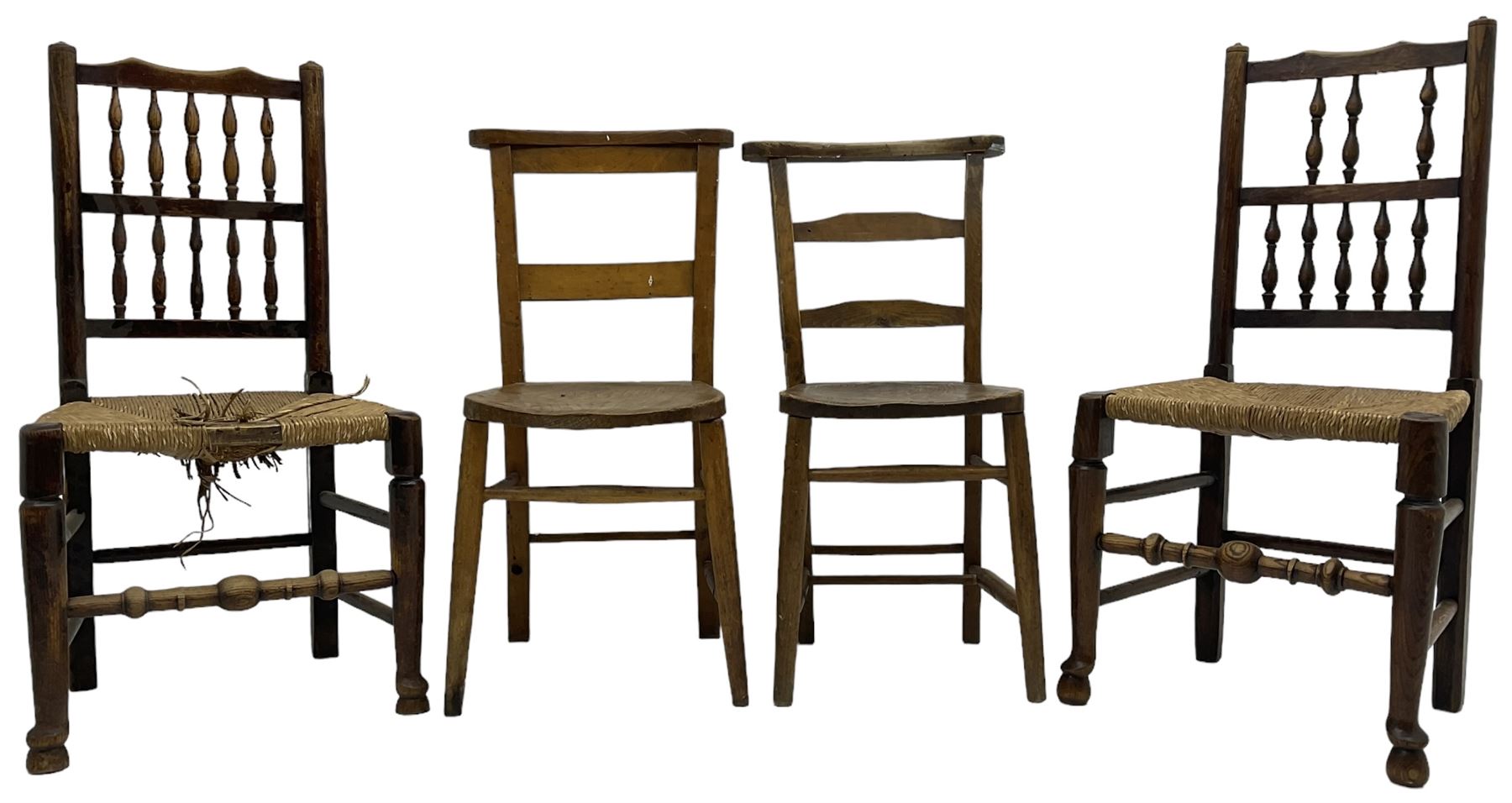 Collection of chairs - five 19th century elm spindle back chairs with rush seats; two chapel chairs - Image 2 of 10