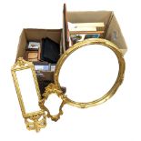 Three modern gilt wall mirrors and two boxes of photograph frames