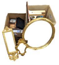 Three modern gilt wall mirrors and two boxes of photograph frames