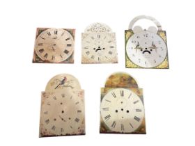 Five 19th century painted longcase clock dials. Comprising four break arch dials and a square dial.
