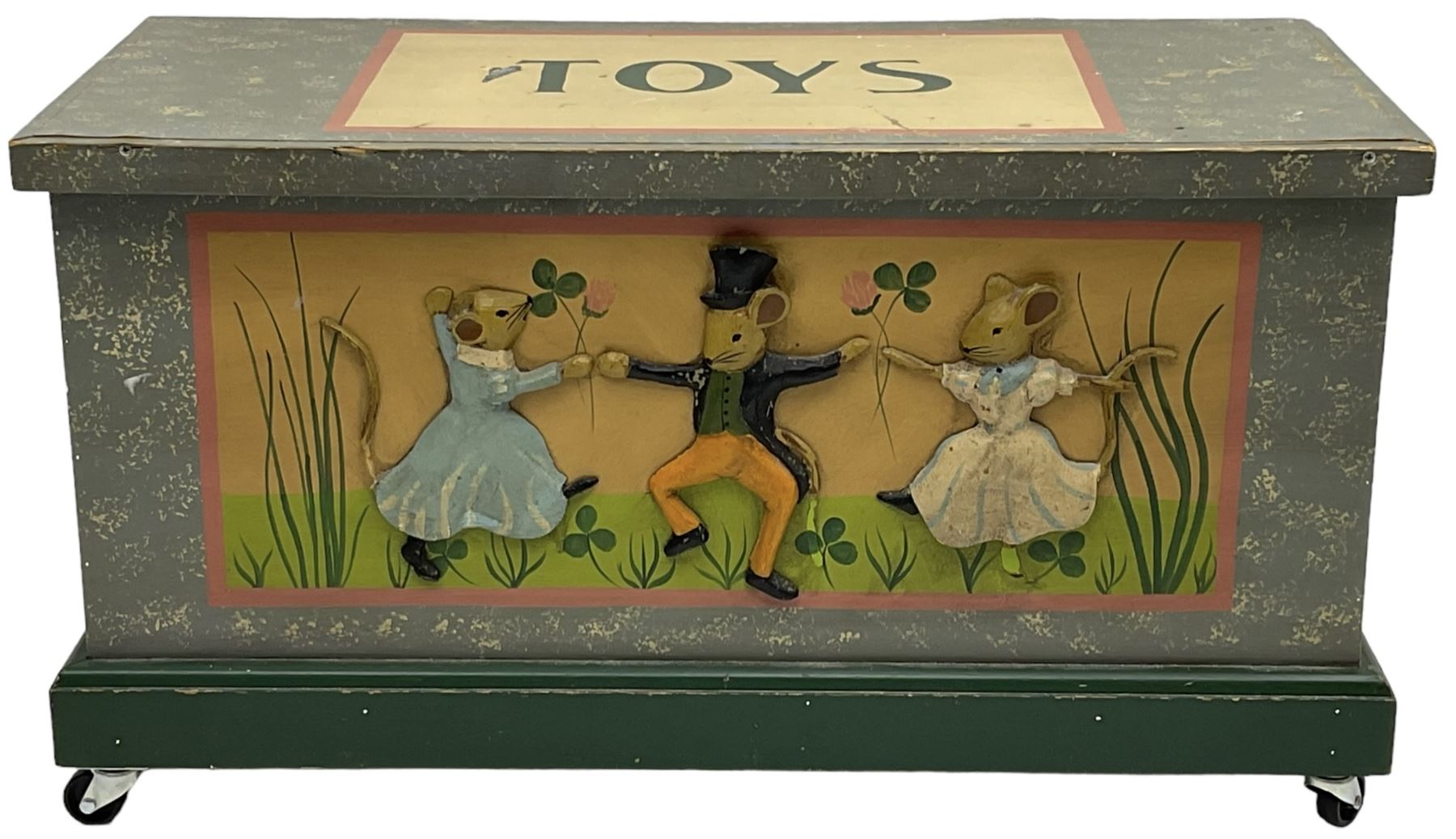 Painted wooden toy box on castors