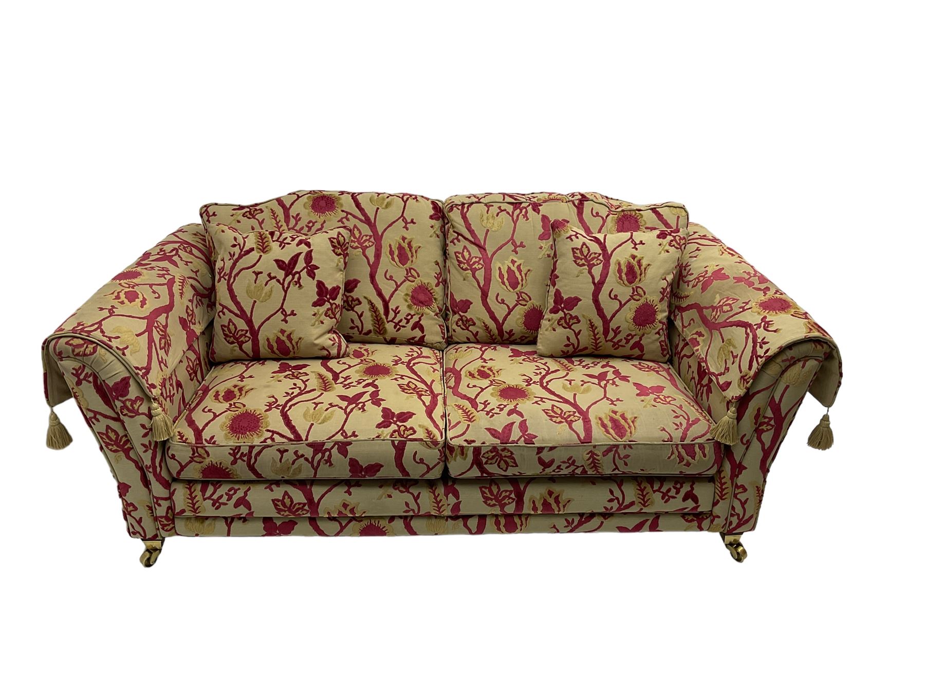 Three-piece lounge suite - large two-seat sofa upholstered in red and gold striped fabric (W185cm - Image 5 of 24