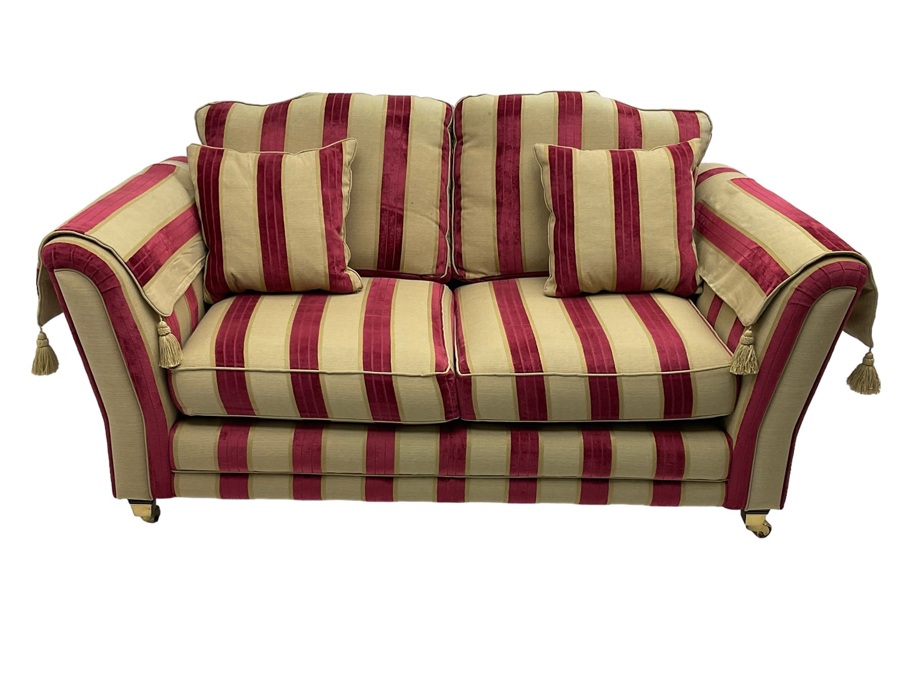 Three-piece lounge suite - large two-seat sofa upholstered in red and gold striped fabric (W185cm - Image 16 of 24
