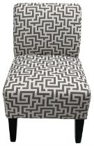 Bedroom chair upholstered in geometric fabric on black finish supports