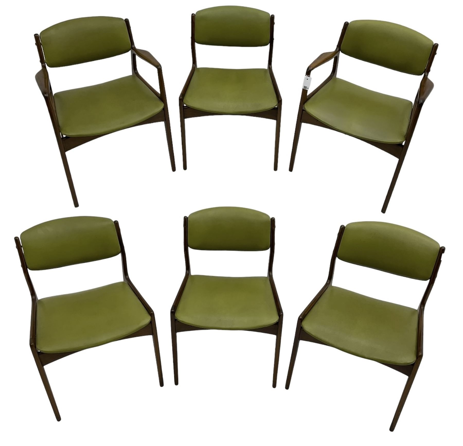 Set of six (4+2) mid-20th century teak dining chairs upholstered in green vinyl - Image 2 of 6