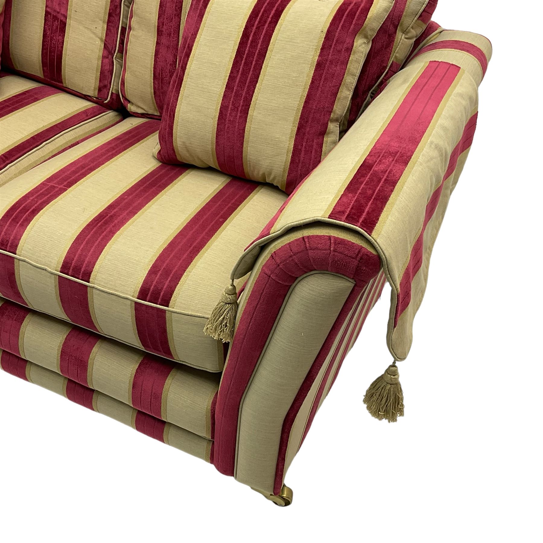 Three-piece lounge suite - large two-seat sofa upholstered in red and gold striped fabric (W185cm - Image 17 of 24