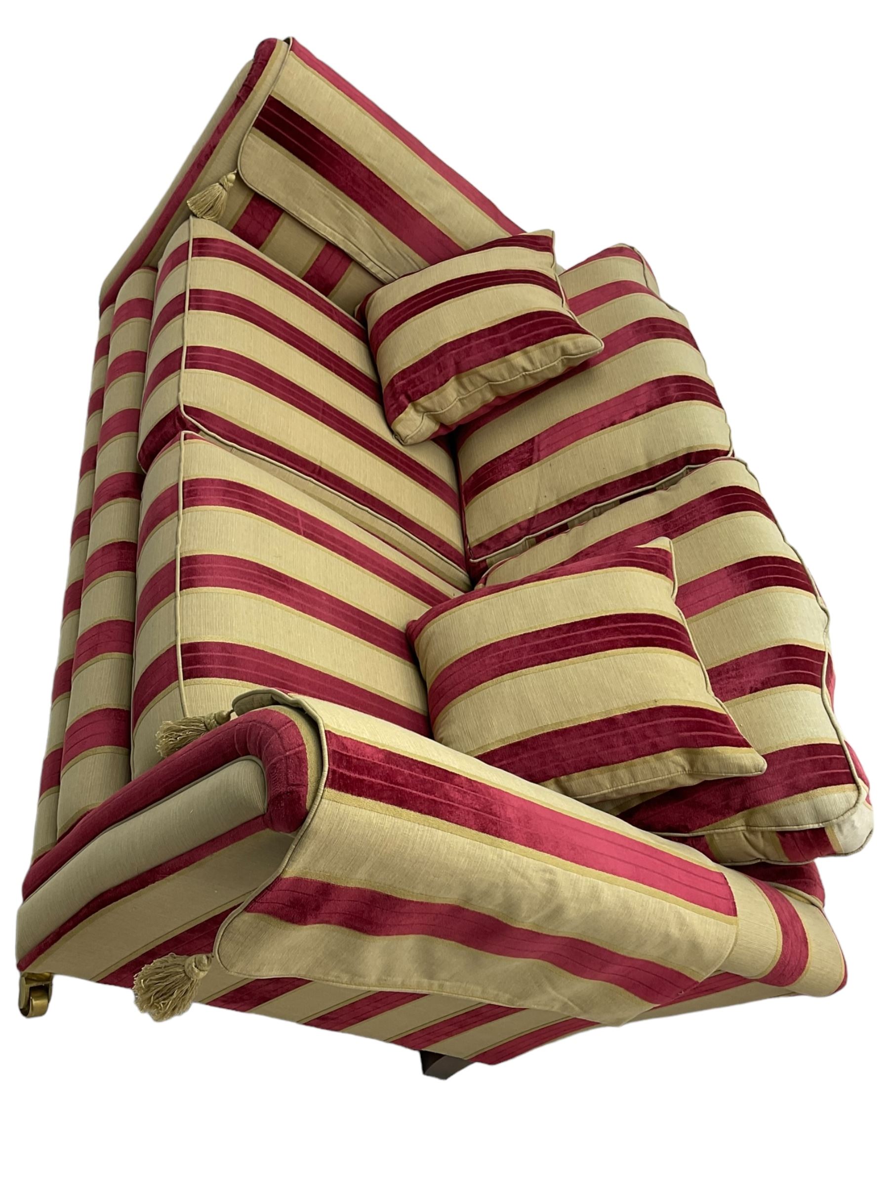 Three-piece lounge suite - large two-seat sofa upholstered in red and gold striped fabric (W185cm - Image 23 of 24