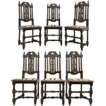 Set of six Victorian Carolean Revival carved oak dining chairs