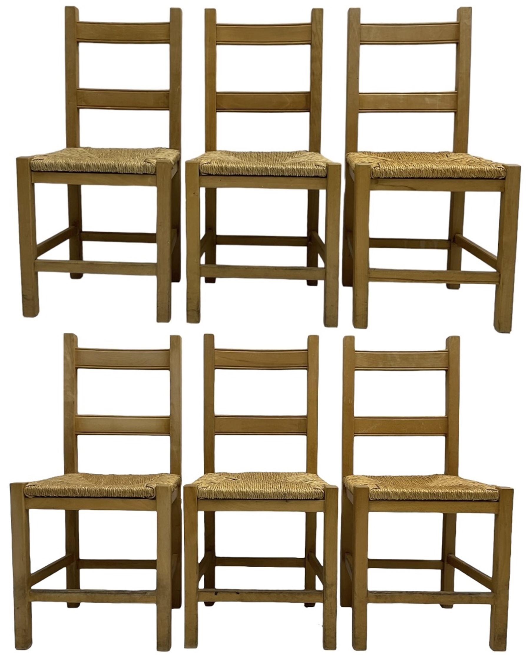 Set of six beech framed farmhouse design dining chairs