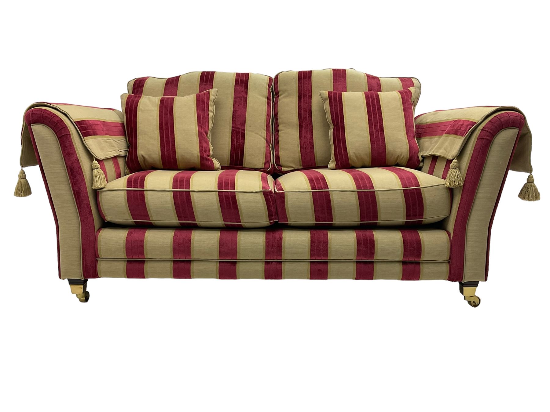 Three-piece lounge suite - large two-seat sofa upholstered in red and gold striped fabric (W185cm - Image 15 of 24