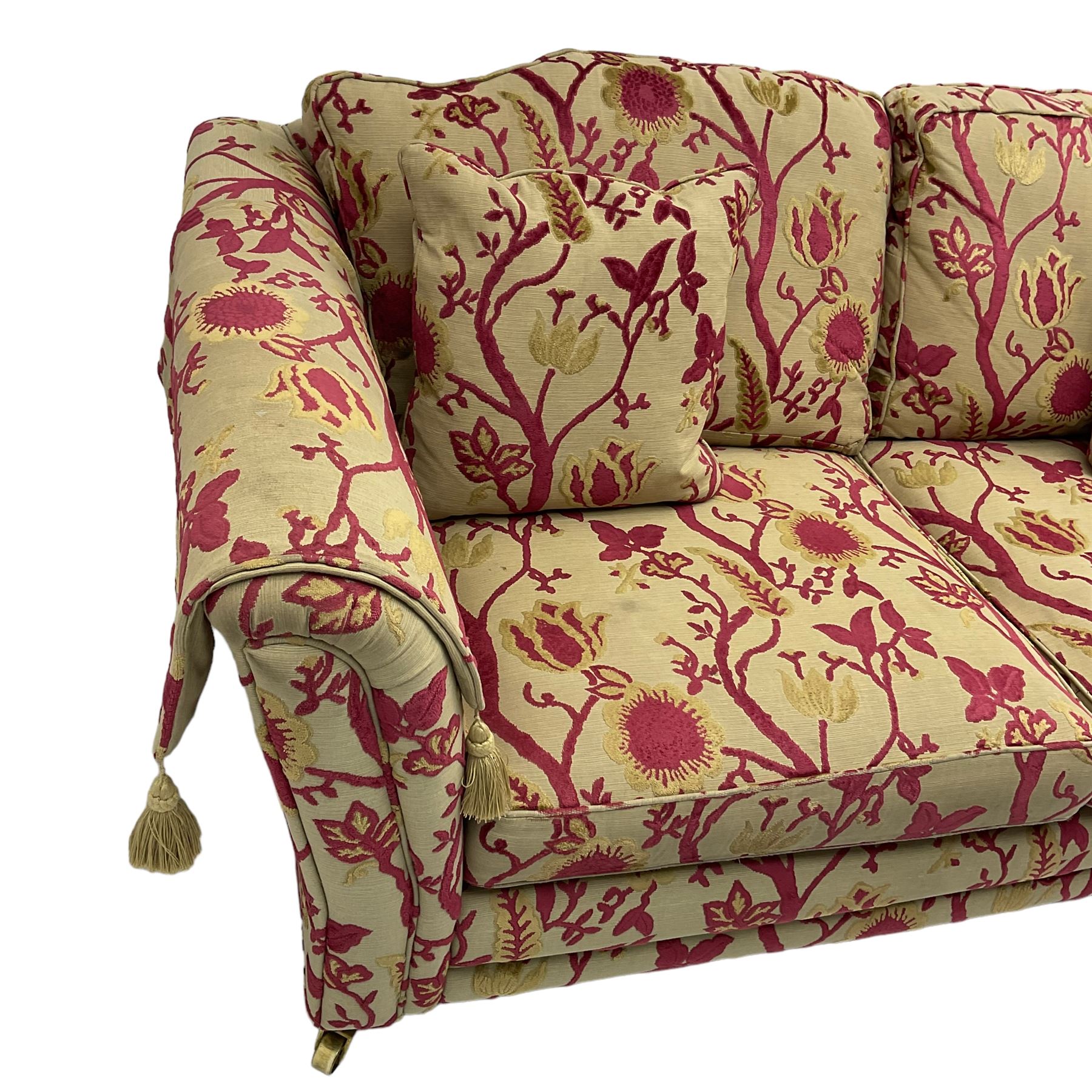 Three-piece lounge suite - large two-seat sofa upholstered in red and gold striped fabric (W185cm - Image 6 of 24