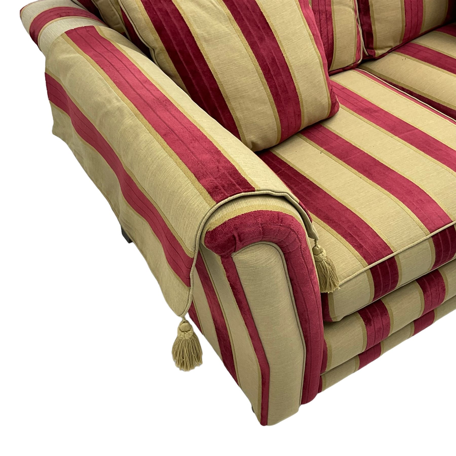 Three-piece lounge suite - large two-seat sofa upholstered in red and gold striped fabric (W185cm - Image 20 of 24