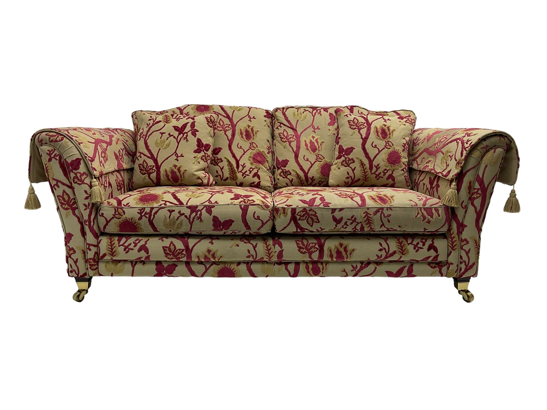 Three-piece lounge suite - large two-seat sofa upholstered in red and gold striped fabric (W185cm - Image 2 of 24