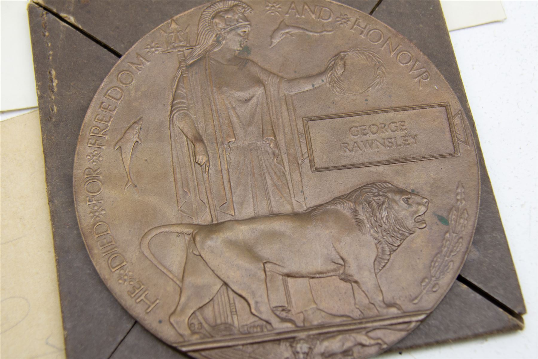 WWI bronze death plaque for George Rawnsley