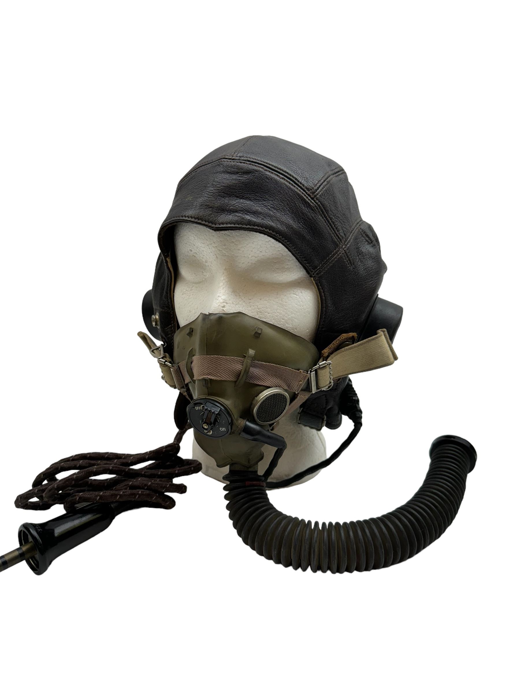 British RAF Flying Helmet complete with AM marked headphones and wiring loom with jack plug