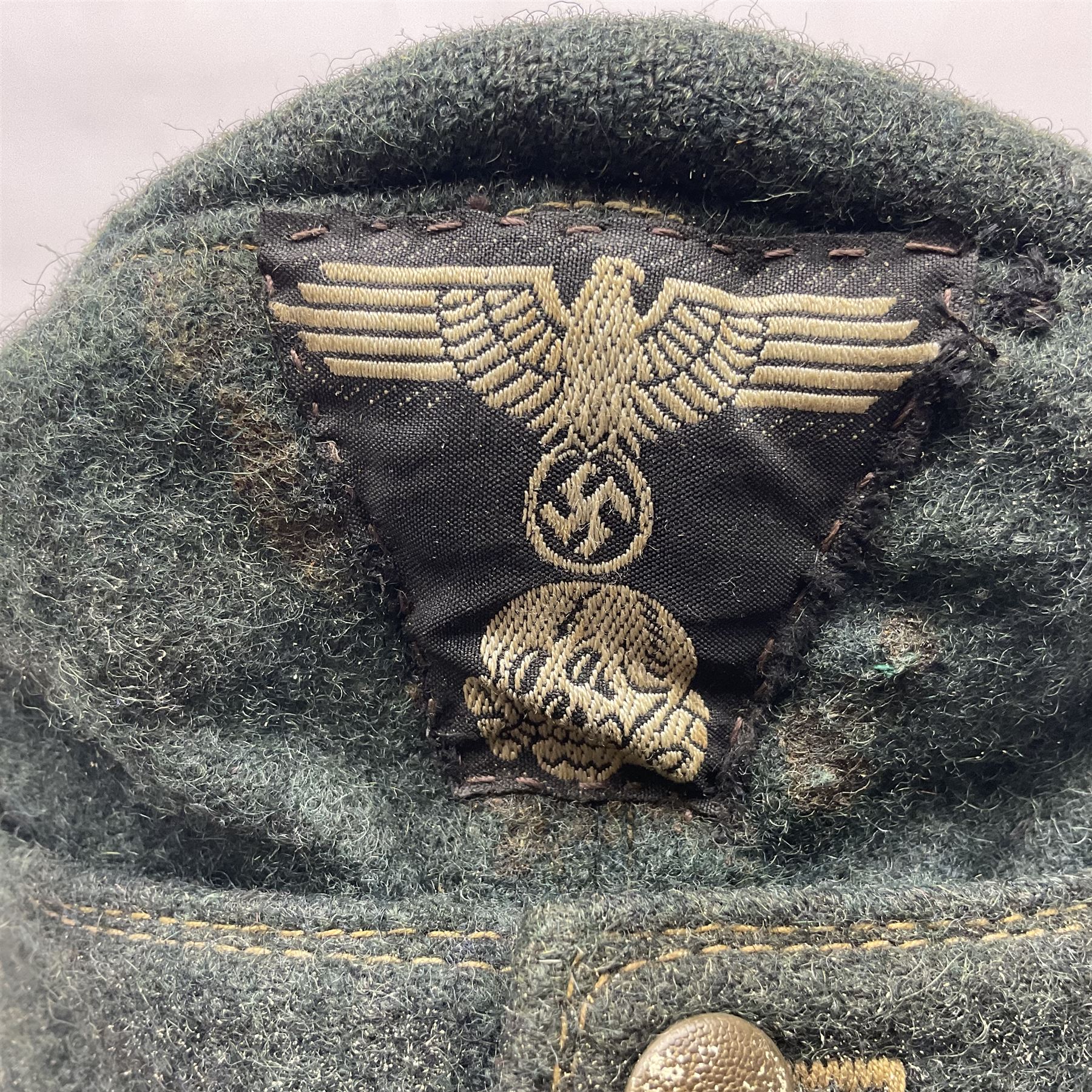 WWII German M43 field cap with 'SS' cloth badge and mountain trooper's edelweiss metal badge - Image 3 of 12