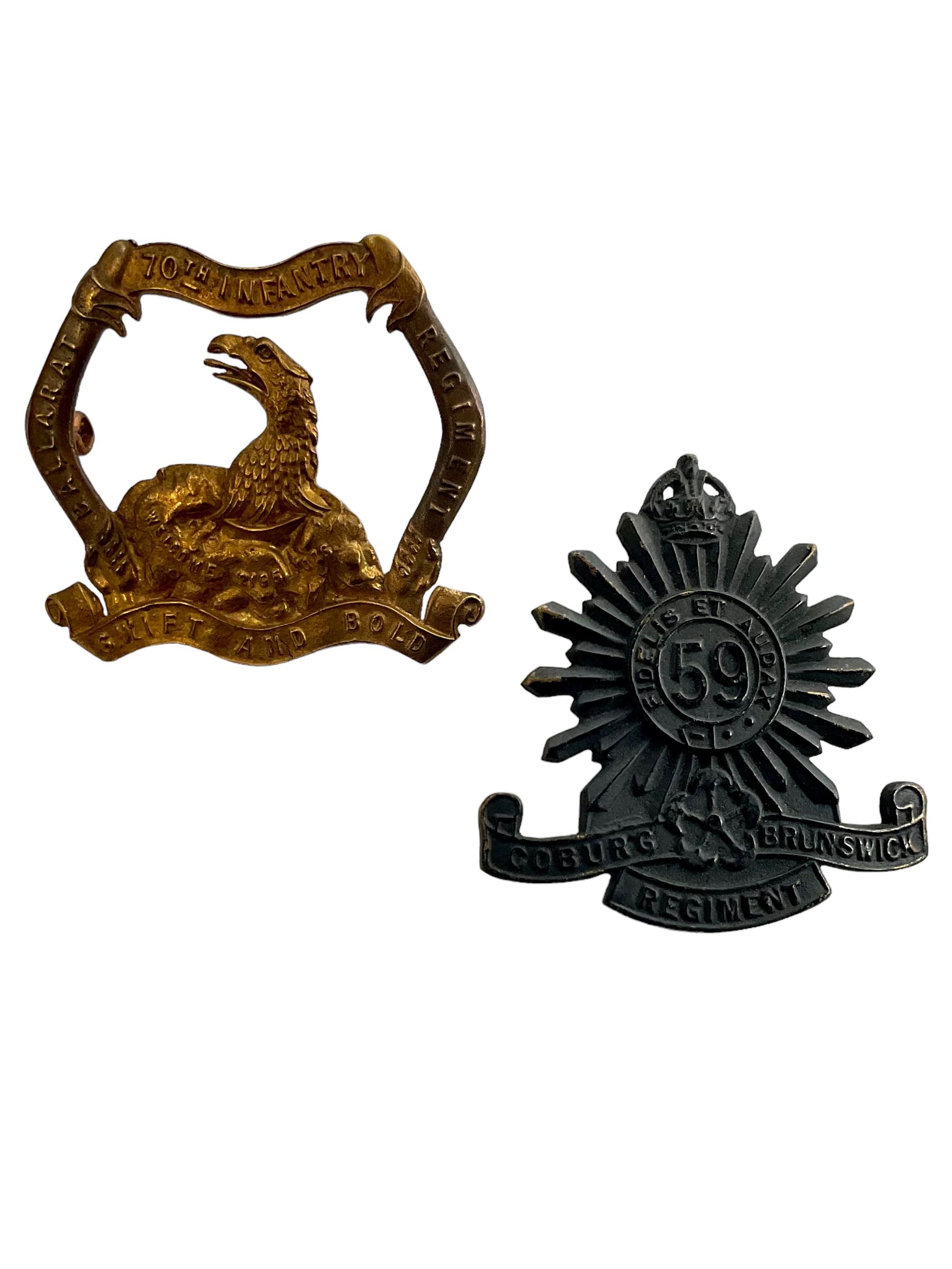 Two Australian cap badges comprising 59th Coburg/Brunswick regiment and 70th Infantry regiment