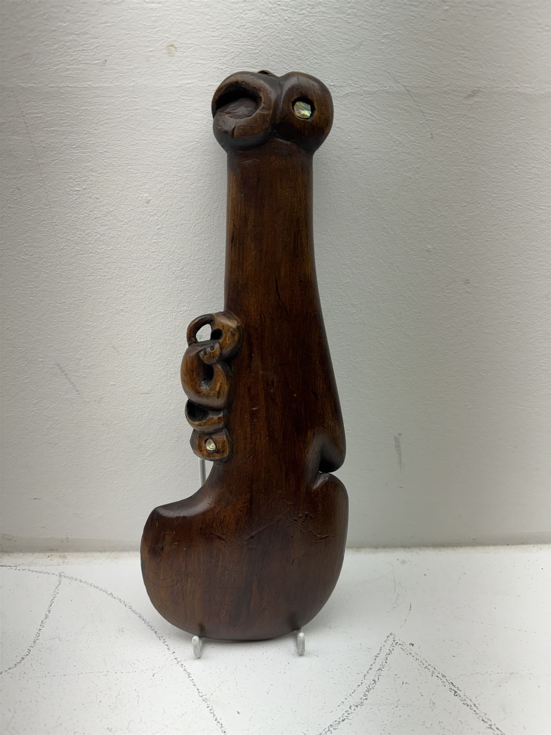 Maori hand club wahaika carved a tiki with inlaid shell eyes - Image 2 of 4