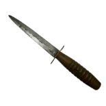 Commando knife featuring turned wooden handle with brass cross guard and leather scabbard L31cm ove