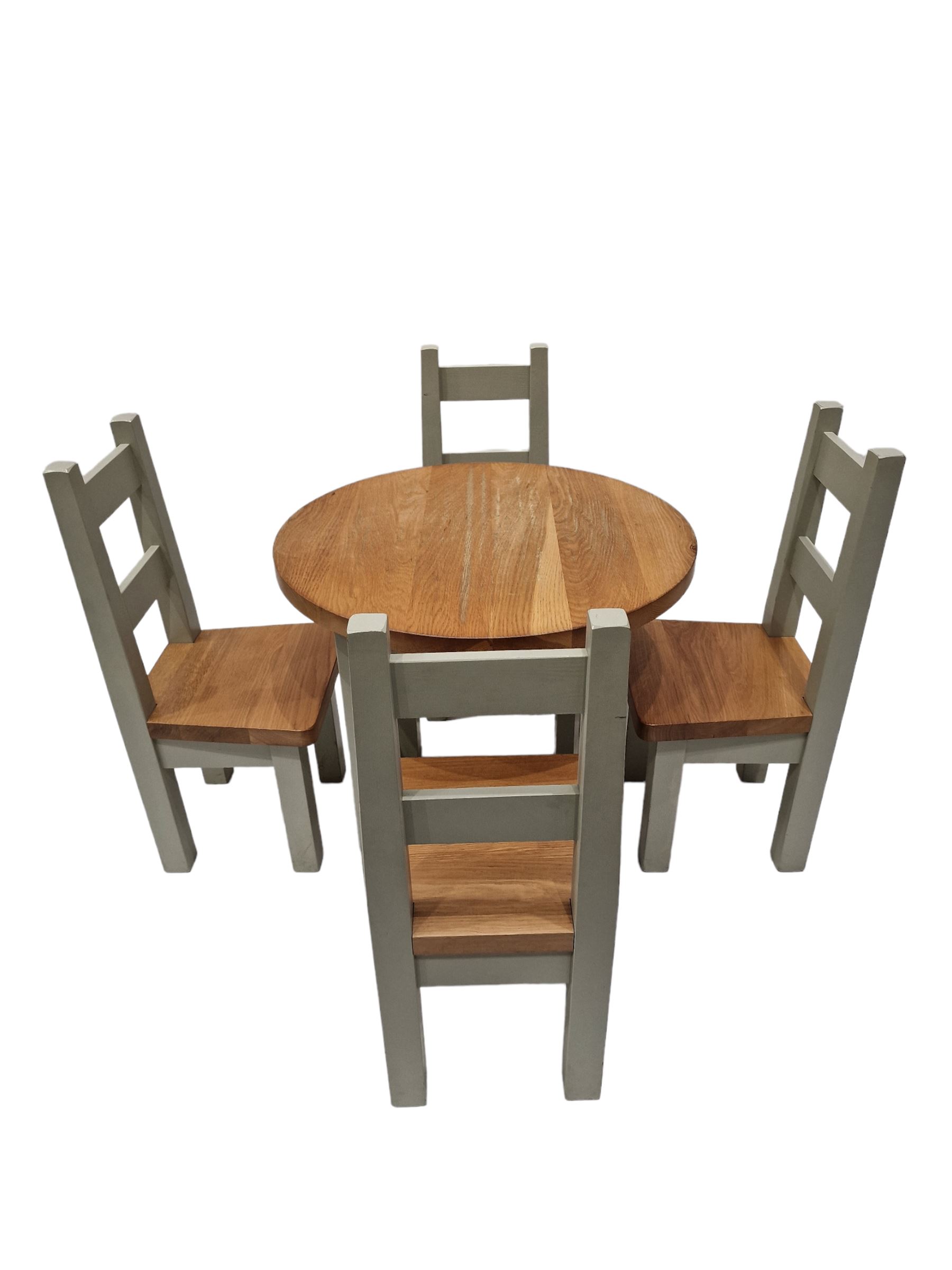 Solid oak round painted dining table and four chairs - THIS LOT IS TO BE COLLECTED BY APPOINTMENT FR