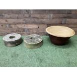 Pair of small stone mill stones and glazed pancheon