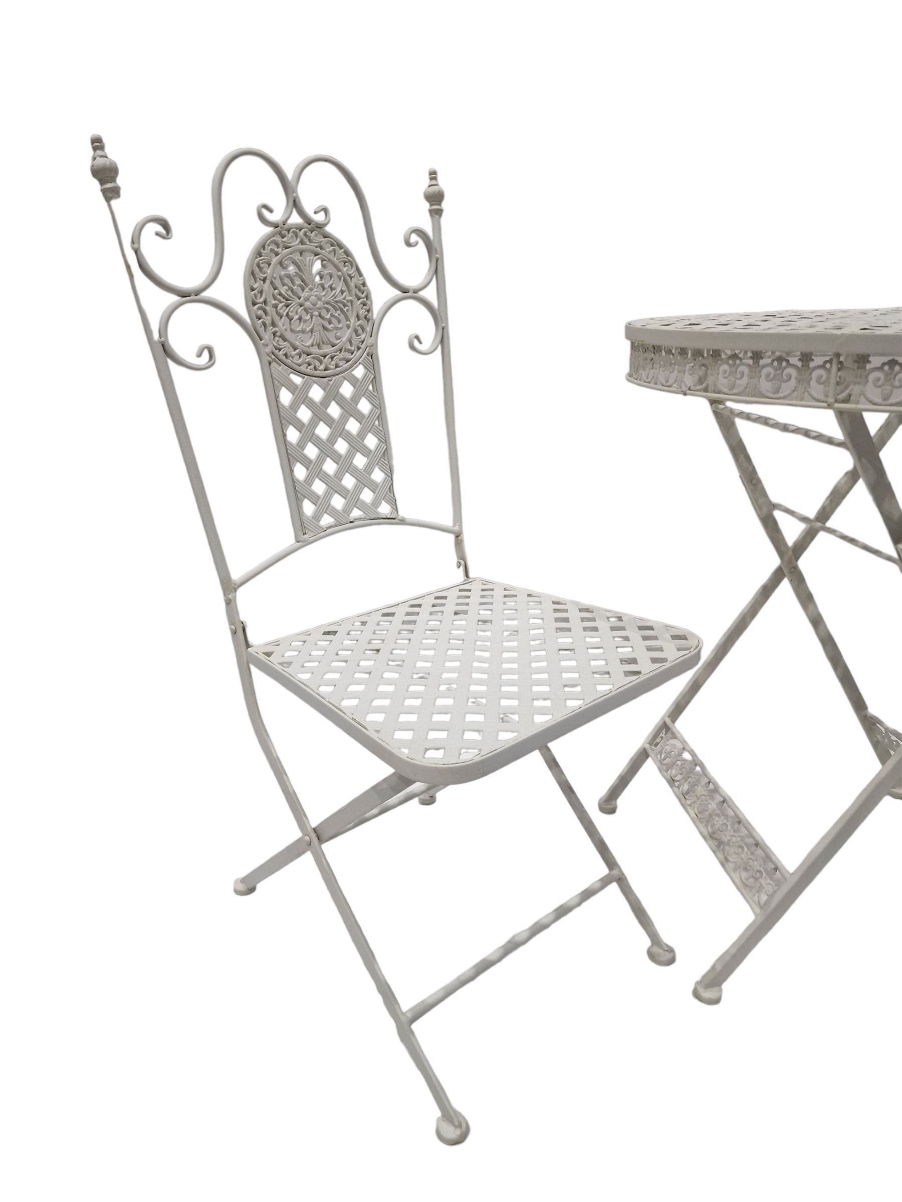 Wrought iron mesh style round bistro table and two chairs in white finish - THIS LOT IS TO BE COLLE - Image 3 of 4