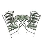 Wrought metal slatted round folding garden table and four chairs in green finish - THIS LOT IS TO BE