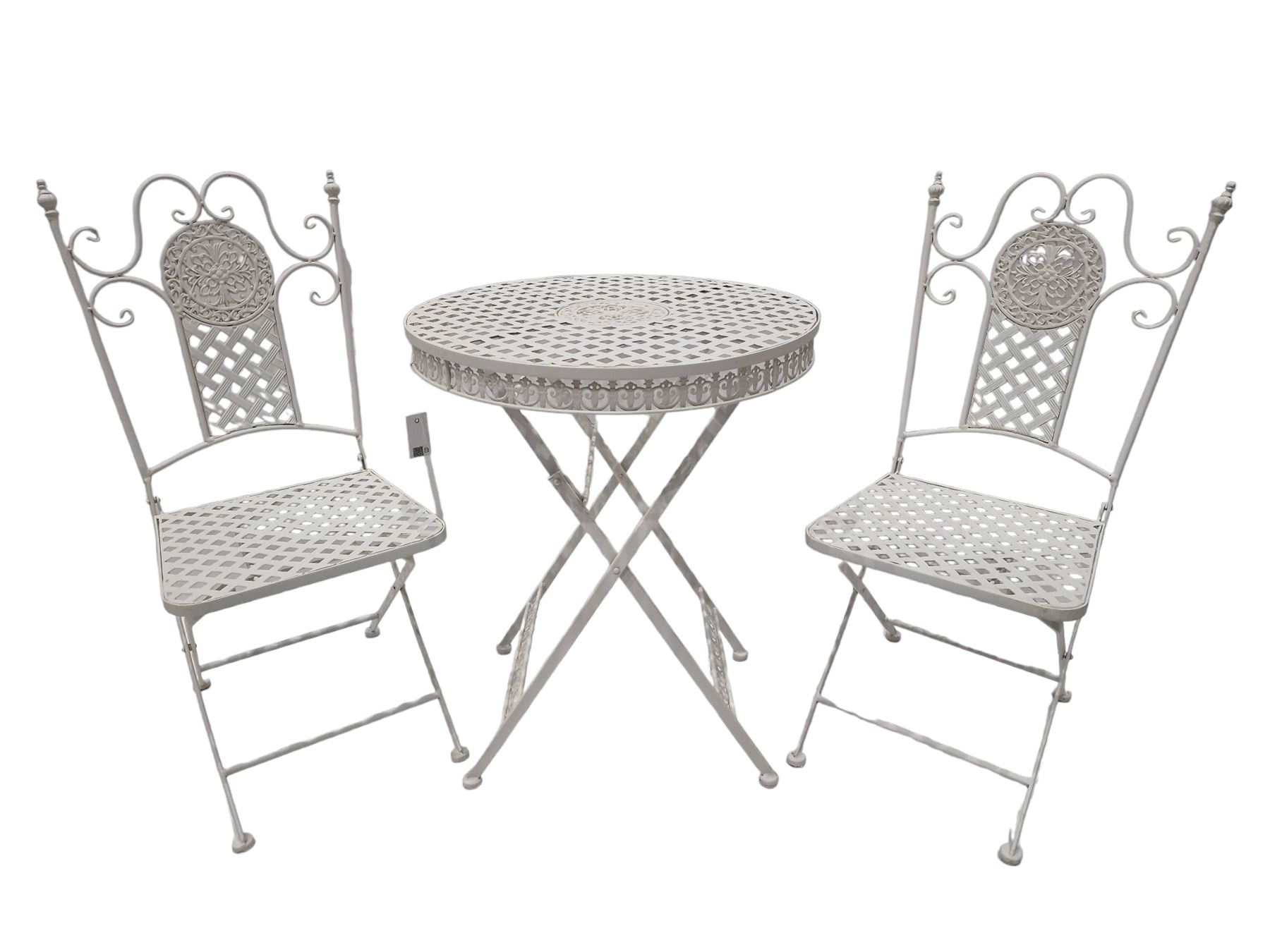 Wrought iron mesh style round bistro table and two chairs in white finish - THIS LOT IS TO BE COLLE