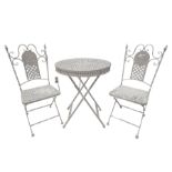 Wrought iron mesh style round bistro table and two chairs in white finish - THIS LOT IS TO BE COLLE