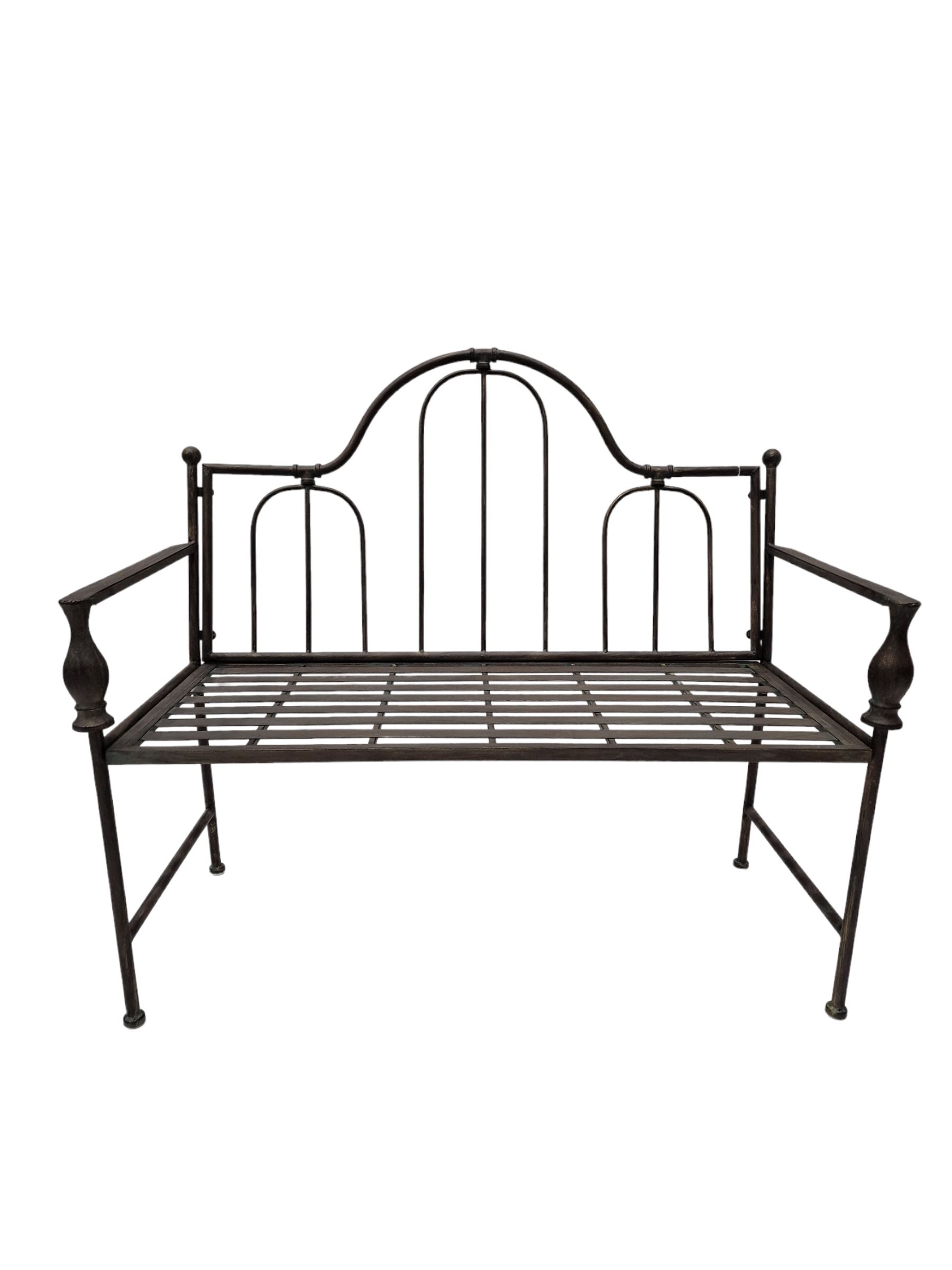 Wrought metal central arch shaped back garden bench in dark metallic finish - THIS LOT IS TO BE COLL