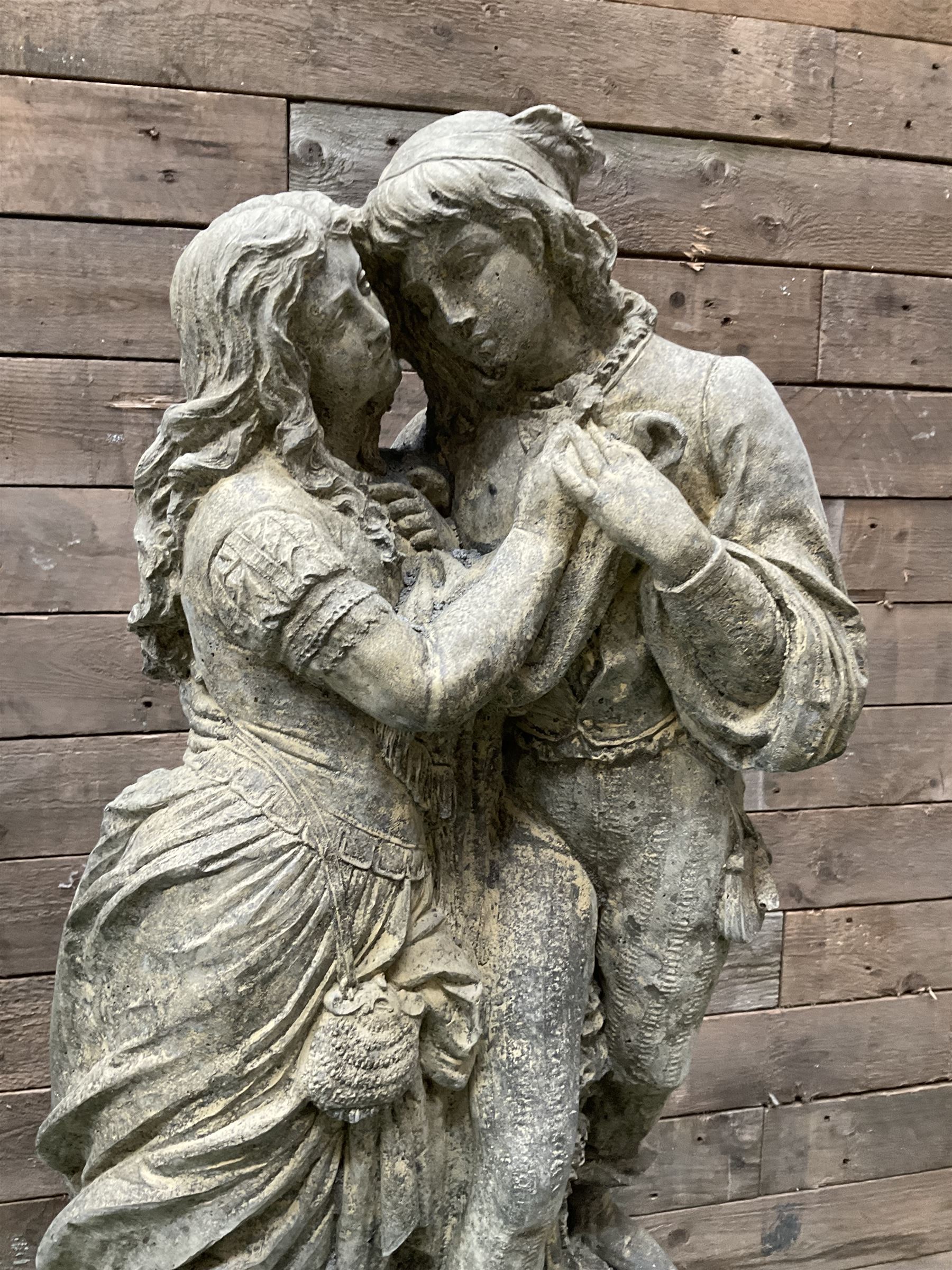 Romeo & Juliet - cast stone garden figure raised on circular fluted column - Image 2 of 5