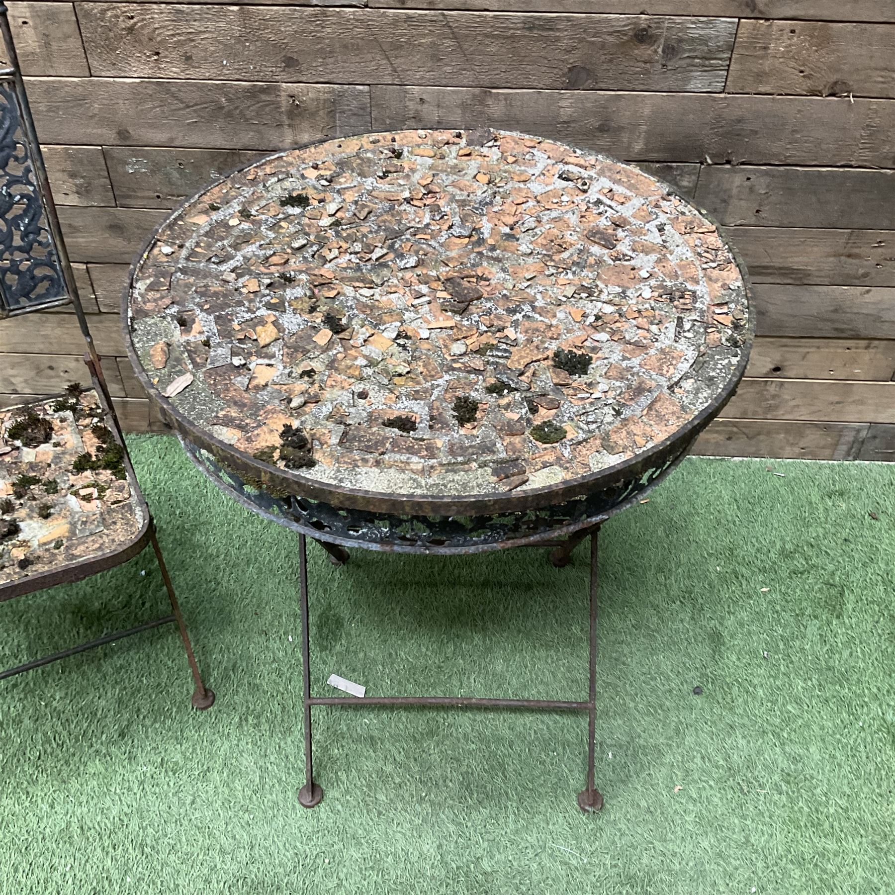Circular metal garden table with tile top and matching chair - Image 2 of 3