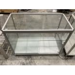 Aluminium and glass two tier display cabinet on castors and inside lights - THIS LOT IS TO BE COLLEC