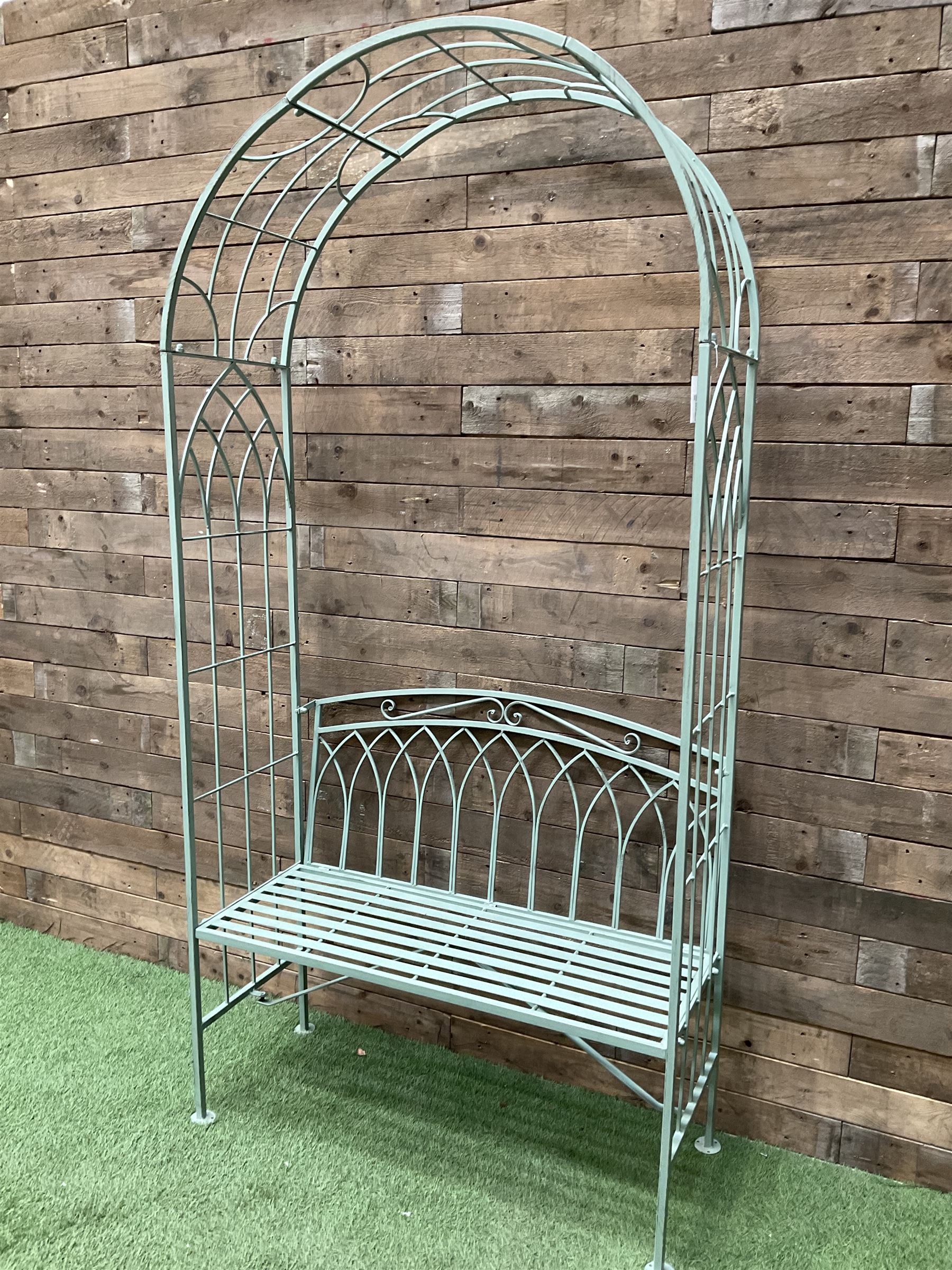 Regency design wrought metal arch and bench