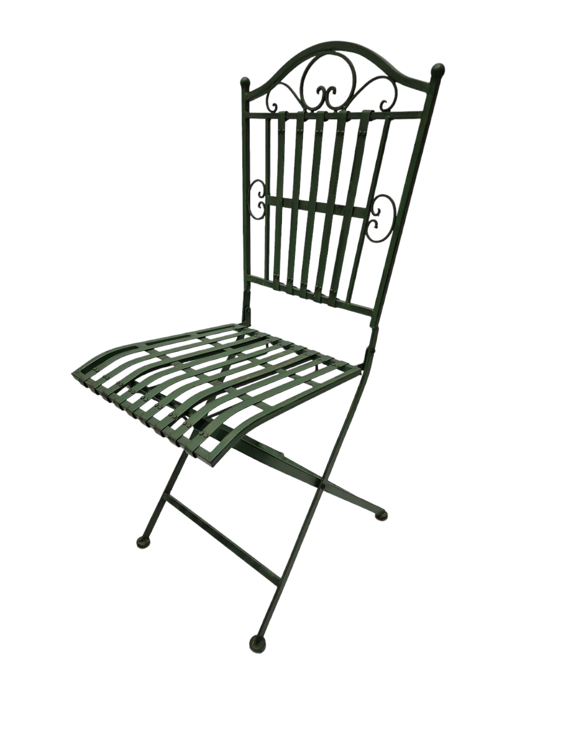 Wrought metal slatted round folding garden table and four chairs in green finish - THIS LOT IS TO BE - Image 6 of 7