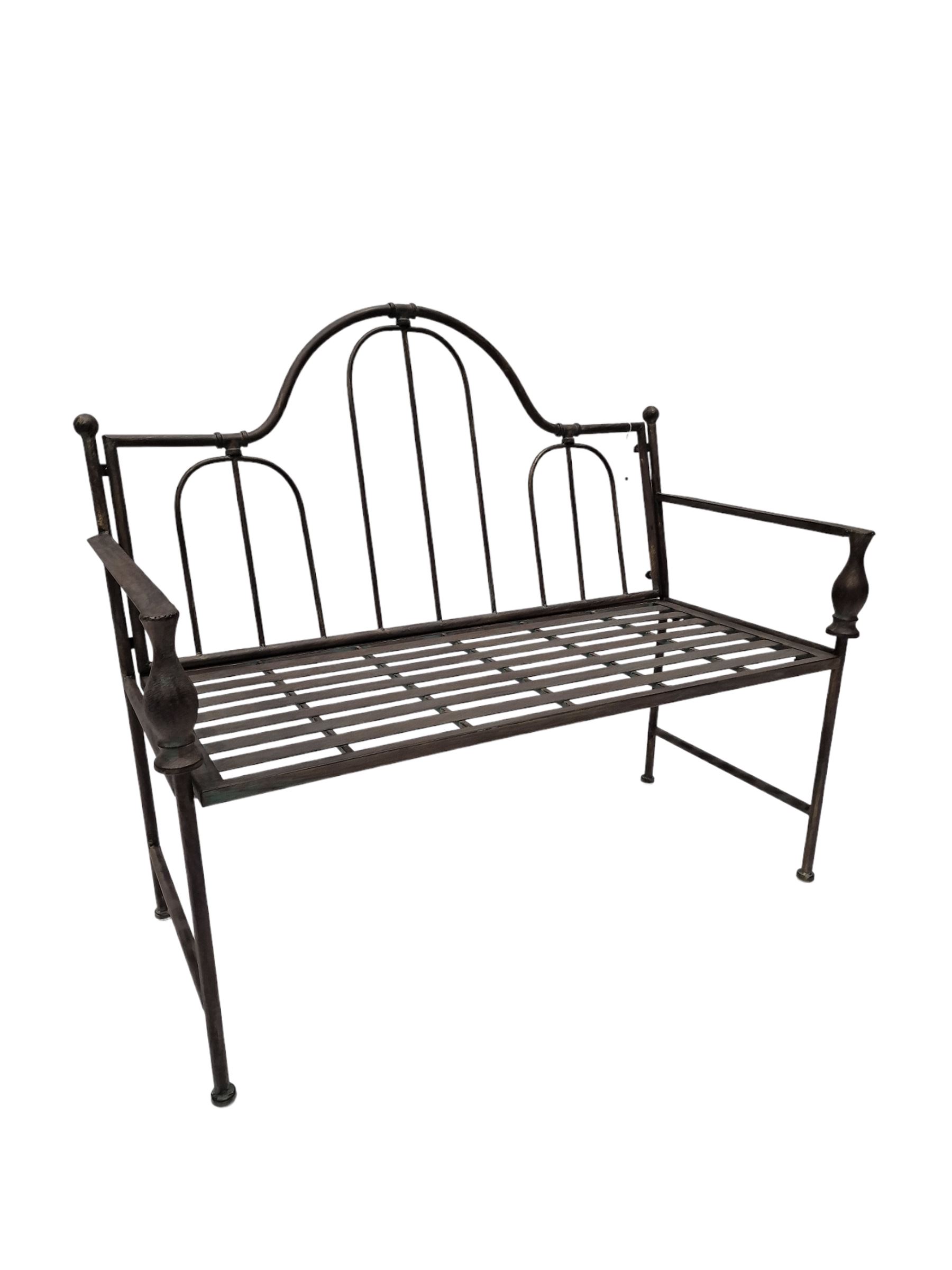 Wrought metal central arch shaped back garden bench in dark metallic finish - THIS LOT IS TO BE COLL - Image 3 of 3