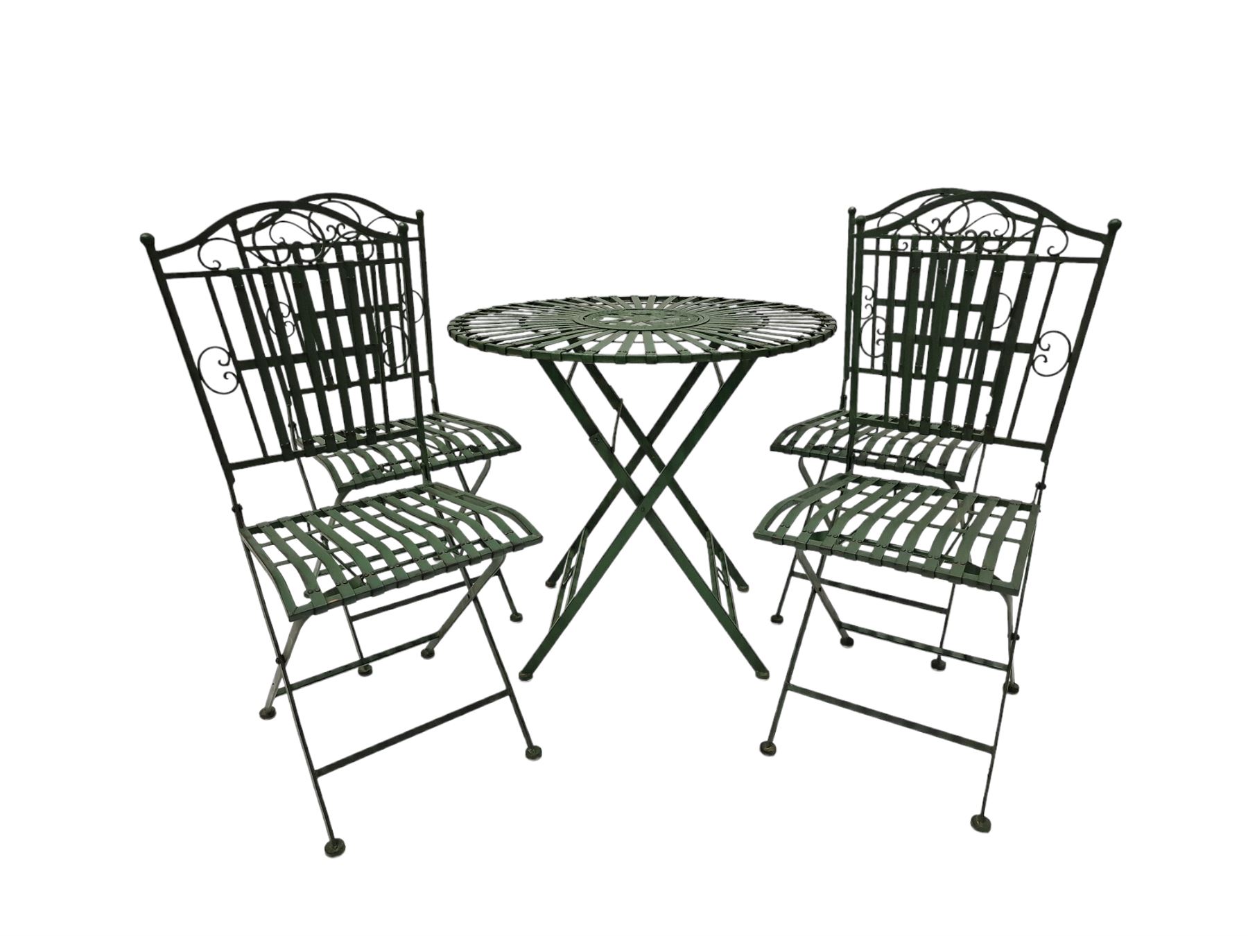 Wrought metal slatted round folding garden table and four chairs in green finish - THIS LOT IS TO BE - Image 7 of 7