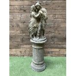 Romeo & Juliet - cast stone garden figure raised on circular fluted column
