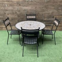 Mosaic and black metal circular garden table and four chairs