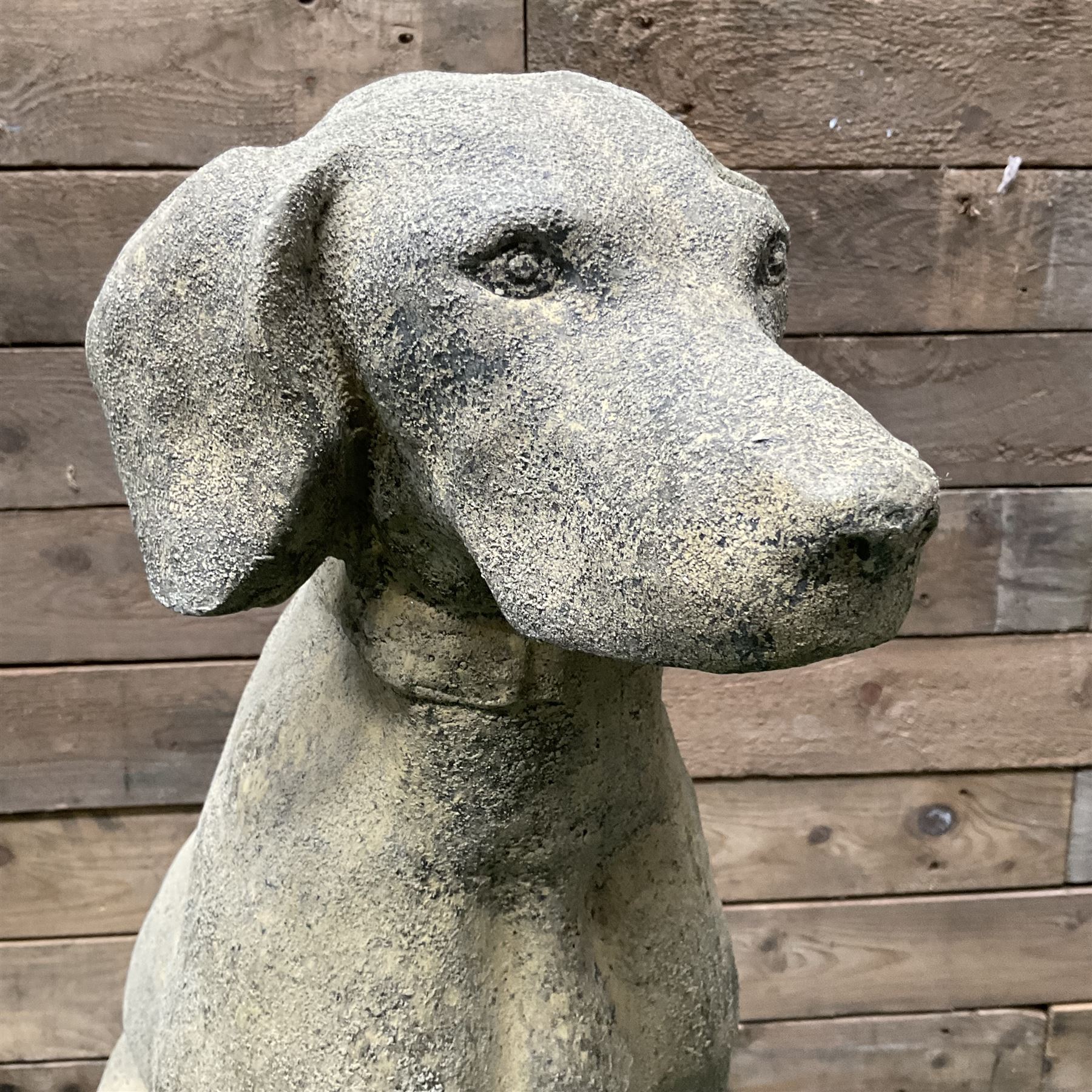 Pair of cast stone garden seated hunting dogs on rectangular plinths - Image 3 of 4