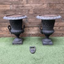 Pair of Victorian design ornate cast iron garden urns