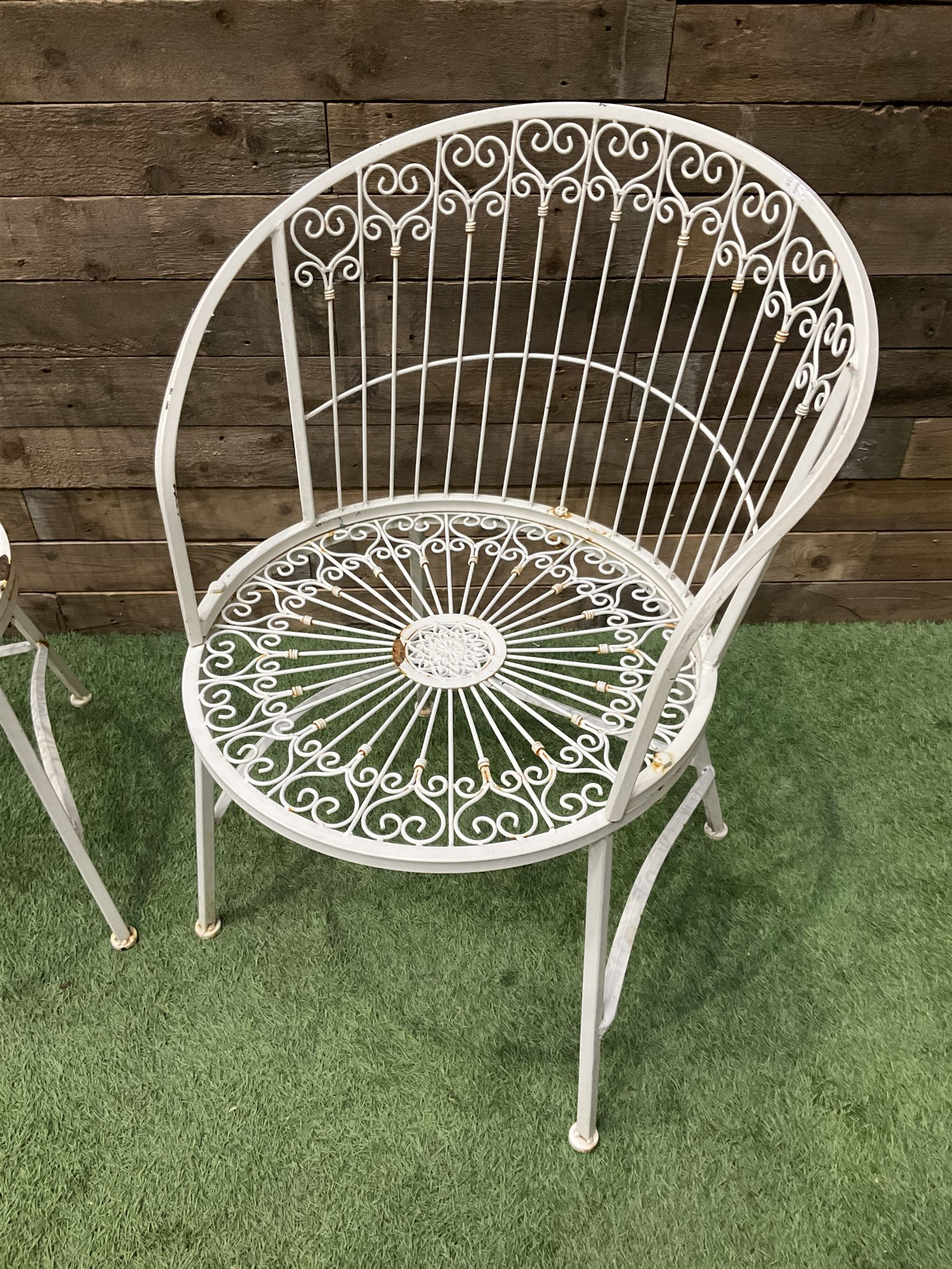 Pair of wrought metal white painted wirework garden chairs - Image 2 of 3