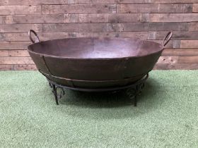 Very large Indian wrought iron Kadhai fire pit on wrought iron stand - THIS LOT IS TO BE COLLECTED