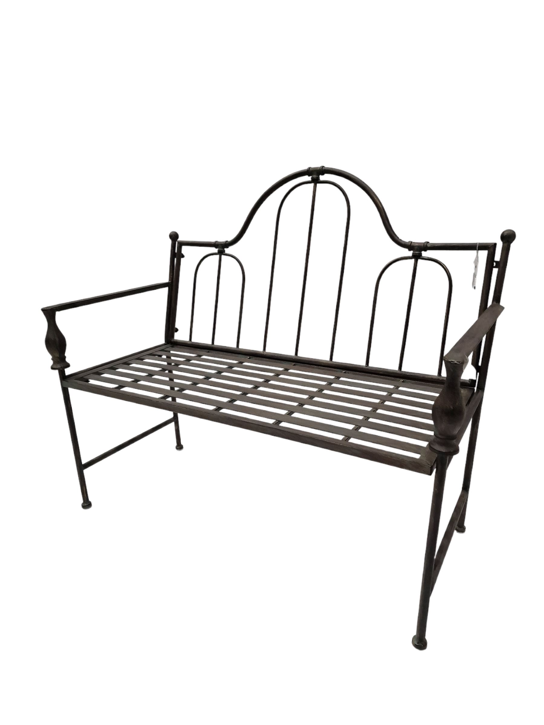 Wrought metal central arch shaped back garden bench in dark metallic finish - THIS LOT IS TO BE COLL - Image 2 of 3