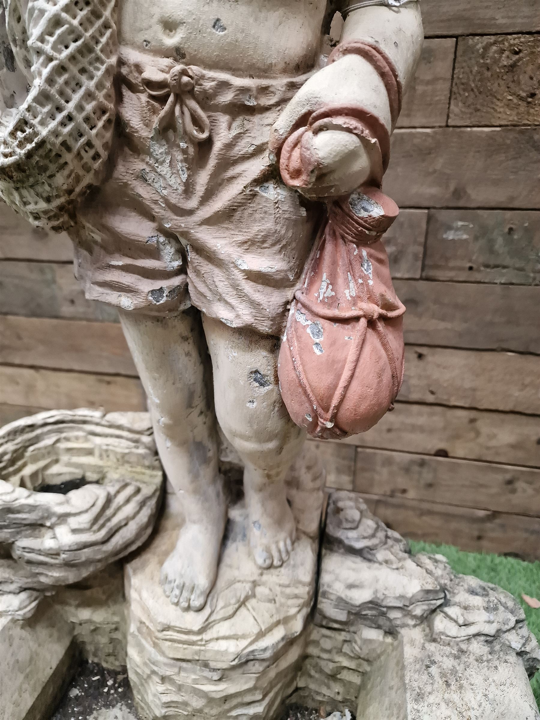 Three section cast stone garden figure of a boy carrying fishing net and a satchel with a water feat - Image 9 of 9