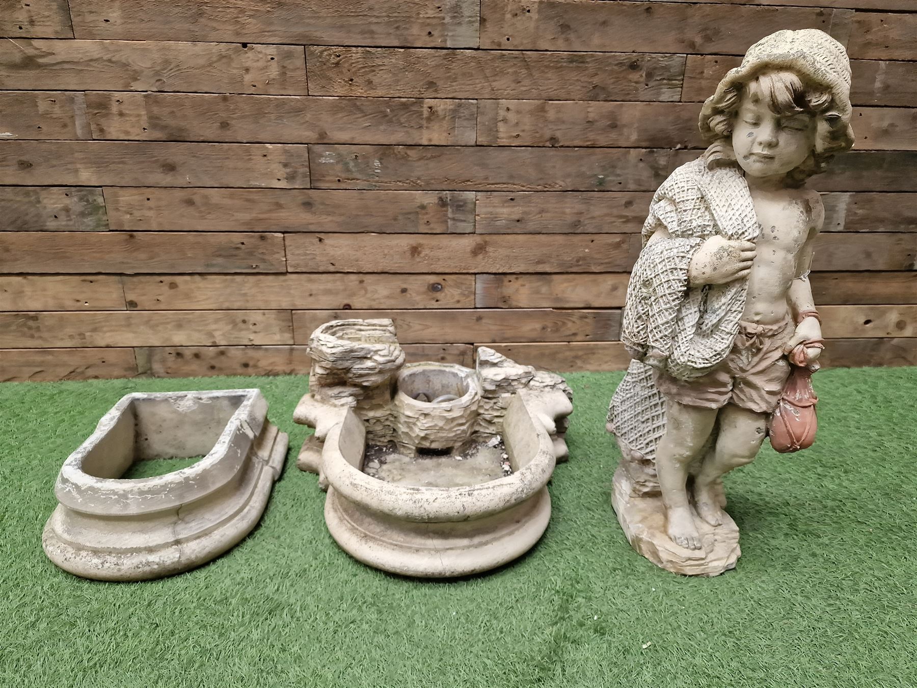 Three section cast stone garden figure of a boy carrying fishing net and a satchel with a water feat - Image 4 of 9